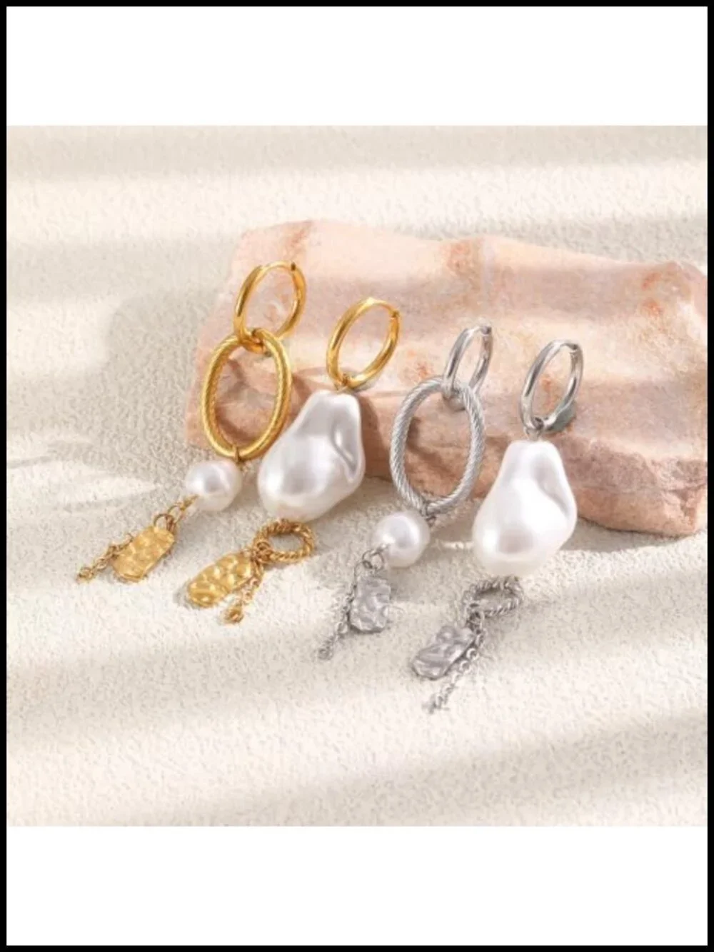 Baroque Pearl Dangle Huggie Hoop Earrings Stainless Steel Asymmetric Cartilage